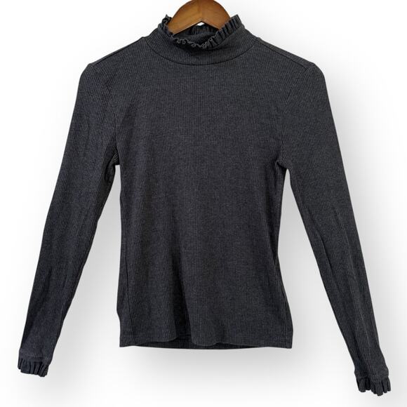 J Crew Womens Vintage Rib Ruffle Mockneck T-Shirt Charcoal Gray Size Small BM317 - Picture 1 of 9